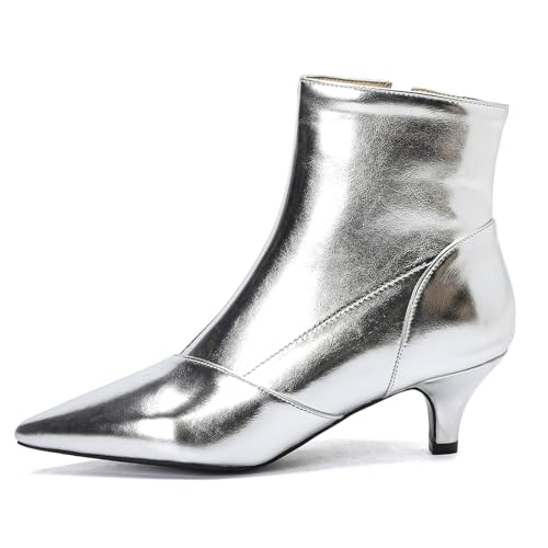 MJIASIAWA Hochzeit Pointed Toe Winter Kitten Heel Stiefeletten Damen Mode Party Kleid Schuhe Reißverschluss Chelsea Elegant Bride Fell Lined Stiefeletten Silber Gr 40 EU/41 Asiatisch von MJIASIAWA