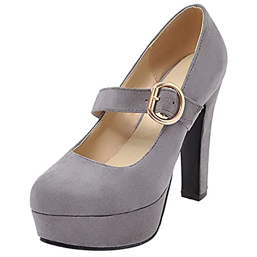 MJIASIAWA Höhe Ferse Mary Jane Damen Closed Toe Plateau Pumps Mode Abend Mode Blockabsatz Pumps Knöchelriemchen Grau Gr 36 EU von MJIASIAWA