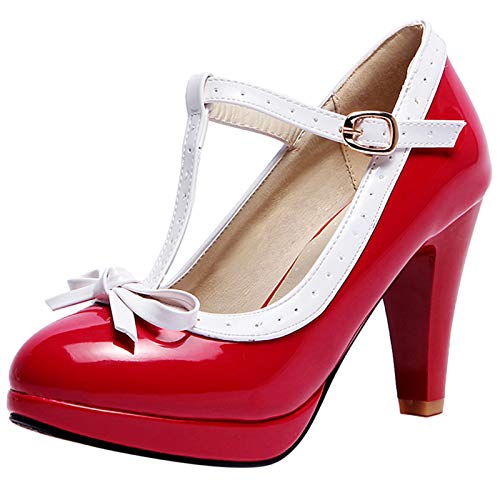 MJIASIAWA Höhe Ferse Mary Jane Damen T Strap Bridal Plateau Pumps Bows Closed Toe Bridesmaid Formal Kleid Schuhe Rot Gr 44 EU/46 Asiatisch von MJIASIAWA