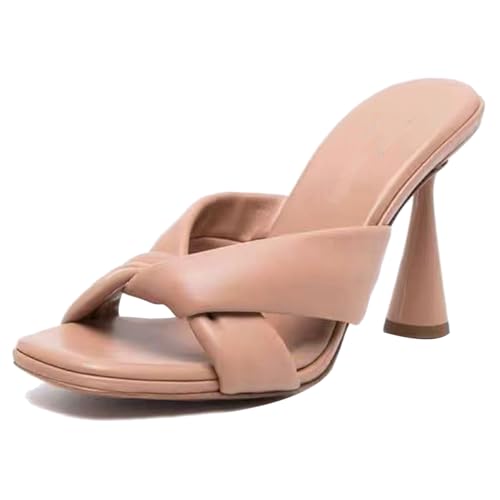 MJIASIAWA Höhe Ferse Mule Damen Offene Zeh Pantoffeln Sommer Strand Sandals Ohne Verschluss Hochzeit Hausschuhe Pantoffeln Elegant Aprikose Gr 36 EU von MJIASIAWA