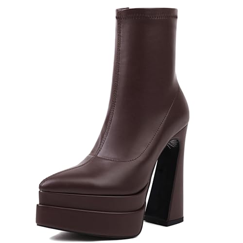MJIASIAWA Höhe Ferse Pointed Toe Damen Stiefeletten mit Schnalle Winter Mode Chunky Party Zip Halbschaft Stiefeletten Plateau Braun Gr 36.5 EU/37 Asiatisch von MJIASIAWA