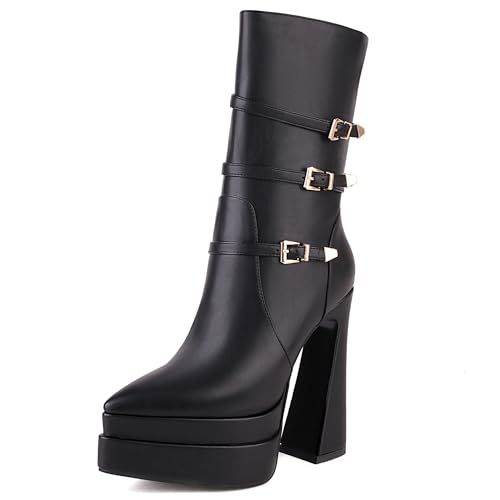 MJIASIAWA Höhe Ferse Pointed Toe Damen Stiefeletten mit Schnalle Winter Mode Chunky Party Zip Halbschaft Stiefeletten Plateau Schwarz Gr 35 EU von MJIASIAWA