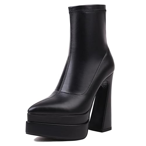 MJIASIAWA Höhe Ferse Pointed Toe Damen Stiefeletten mit Schnalle Winter Mode Chunky Party Zip Halbschaft Stiefeletten Plateau Schwarz Gr 36 EU von MJIASIAWA