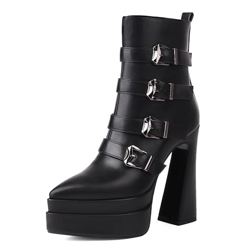 MJIASIAWA Höhe Ferse Pointed Toe Damen Stiefeletten mit Schnalle Winter Mode Chunky Party Zip Halbschaft Stiefeletten Plateau Schwarz Gr 41 EU/43 Asiatisch von MJIASIAWA