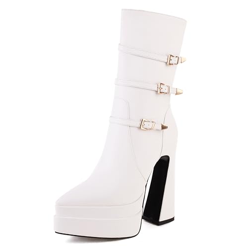 MJIASIAWA Höhe Ferse Pointed Toe Damen Stiefeletten mit Schnalle Winter Mode Chunky Party Zip Halbschaft Stiefeletten Plateau Weiß Gr 35 EU von MJIASIAWA
