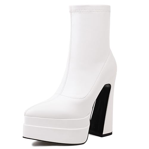 MJIASIAWA Höhe Ferse Pointed Toe Damen Stiefeletten mit Schnalle Winter Mode Chunky Party Zip Halbschaft Stiefeletten Plateau Weiß Gr 40 EU/41 Asiatisch von MJIASIAWA