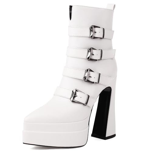 MJIASIAWA Höhe Ferse Pointed Toe Damen Stiefeletten mit Schnalle Winter Mode Chunky Party Zip Halbschaft Stiefeletten Plateau Weiß Gr 42 EU/44 Asiatisch von MJIASIAWA