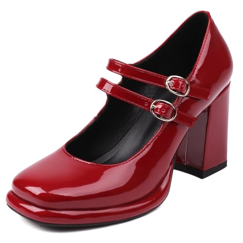 MJIASIAWA Hohen Blockabsatz Mary Jane Lack Damen Plateau Schuhe Arbeit Formal Runde Zehen Hochzeit Chunky Pumps Rotwein Gr 44 EU/46 Asiatisch von MJIASIAWA