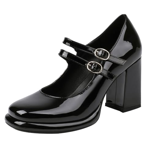 MJIASIAWA Hohen Blockabsatz Mary Jane Lack Damen Plateau Schuhe Arbeit Formal Runde Zehen Hochzeit Chunky Pumps Schwarz Gr 43 EU/45 Asiatisch von MJIASIAWA