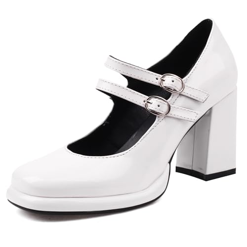 MJIASIAWA Hohen Blockabsatz Mary Jane Lack Damen Plateau Schuhe Arbeit Formal Runde Zehen Hochzeit Chunky Pumps Weiß Gr 36.5 EU/37 Asiatisch von MJIASIAWA