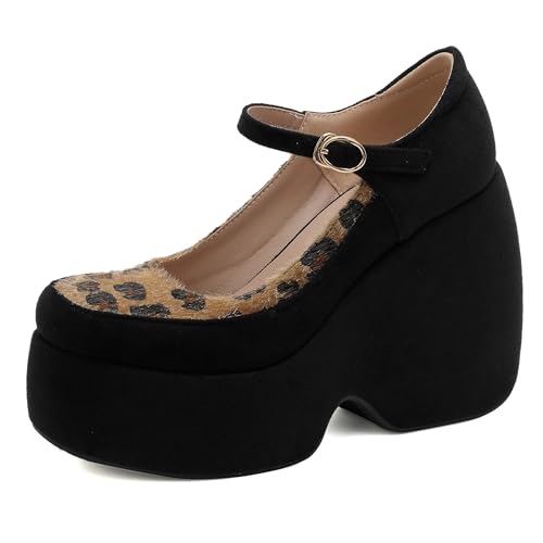 MJIASIAWA Keilabsatz Damen Plateau Höhe Ferse Mary Jane Runde Zehen Damen Knöchelriemchen Mode Party Schuhe Schnalle Leopard Gr 38 EU/39 Asiatisch von MJIASIAWA