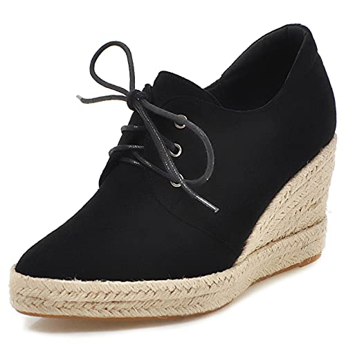 MJIASIAWA Keilabsatz Espadrilles Damen Pointed Toe Schnüren Leisure Pumps Closed Toe Höhe Ferse Mode Plateau Schuhe Schwarz Gr 33 EU von MJIASIAWA