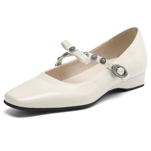 MJIASIAWA Keilabsatz Mary Jane Damen Square Toe Niedrige Absatz Schnalle Knöchelriemchen Buro Arbeit Hochzeit Bogen Schuhe Beige Gr 40 EU/41 Asiatisch von MJIASIAWA