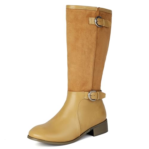 MJIASIAWA Klassische Equestrian Komfort Damen Draußen Stiefel Ohne Verschluss Mode Runde Zehen Winter Knee High Booty Schnalle Aprikose Gr 45 EU/47 Asiatisch von MJIASIAWA