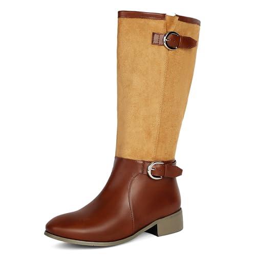MJIASIAWA Klassische Equestrian Komfort Damen Draußen Stiefel Ohne Verschluss Mode Runde Zehen Winter Knee High Booty Schnalle Rot-Braun Gr 41 EU/43 Asiatisch von MJIASIAWA