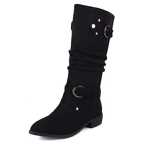 MJIASIAWA Klassischer Equestrian Knee Damen Pointed Toe Winterstiefel Draußen Block Mitte Absatz Pelz Gefüttert Schneestiefel Slouch Schwarz/Ml Gr 38 EU/39 Asiatisch von MJIASIAWA