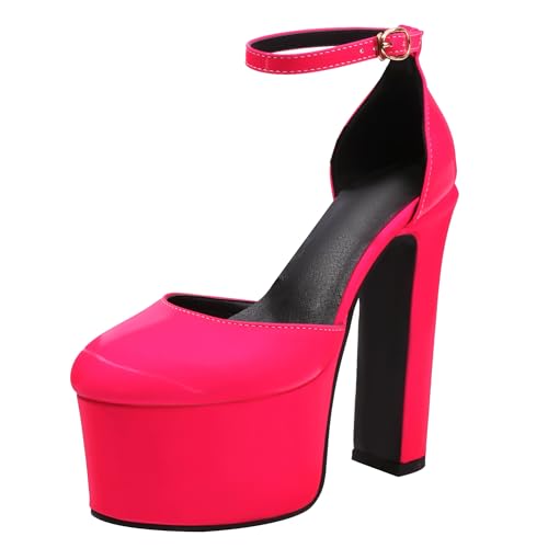 MJIASIAWA Kleidy Block High Sandalen Runde Zehen Damensandalen Nachtclub Party Plateau Knöchelriemchen Geschlossen Rose-Rot Gr 36.5 EU/37 Asiatisch von MJIASIAWA