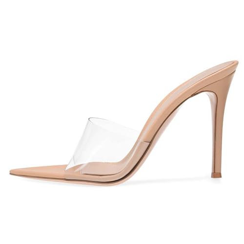 MJIASIAWA Kleidy Mule Sandals Damen Stilettos Pantoffeln Höhe Ferse Strand Hochzeit Peep Toe Hausschuhe Pantoffeln Aprikose Gr 43 EU/45 Asiatisch von MJIASIAWA