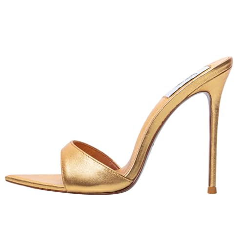 MJIASIAWA Kleidy Mule Sandals Damen Stilettos Pantoffeln Höhe Ferse Strand Hochzeit Peep Toe Hausschuhe Pantoffeln Gold Gr 42 EU/44 Asiatisch von MJIASIAWA