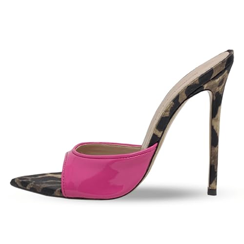 MJIASIAWA Kleidy Mule Sandals Damen Stilettos Pantoffeln Höhe Ferse Strand Hochzeit Peep Toe Hausschuhe Pantoffeln Leopard/Rose-Rot Gr 39 EU/40 Asiatisch von MJIASIAWA