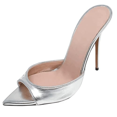 MJIASIAWA Kleidy Mule Sandals Damen Stilettos Pantoffeln Höhe Ferse Strand Hochzeit Peep Toe Hausschuhe Pantoffeln Silber Gr 40.5 EU/42 Asiatisch von MJIASIAWA