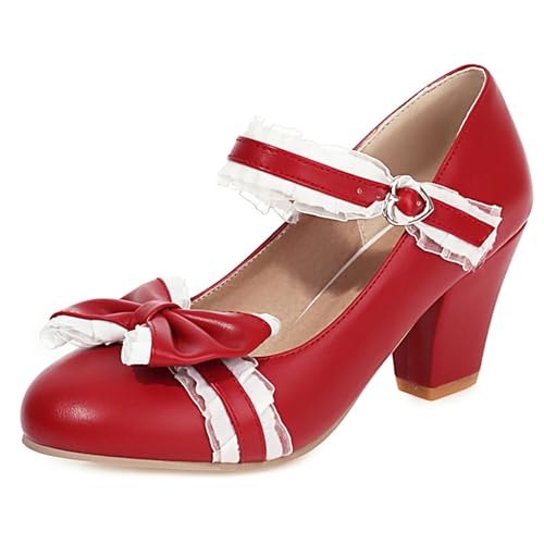 MJIASIAWA Knöchelriemchen Mary Jane Blockabsatz Damen Schuhe Bogentie Hochzeit Geschlossen Damen Schnalle Chunky Pumps Lolita Rot Gr 37 EU/38 Asiatisch von MJIASIAWA