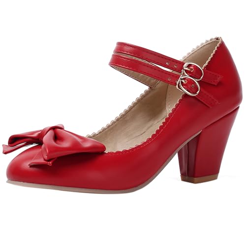 MJIASIAWA Knöchelriemchen Mary Jane Blockabsatz Damen Schuhe Bogentie Hochzeit Geschlossen Damen Schnalle Chunky Pumps Lolita Rot Gr 45 EU/47 Asiatisch von MJIASIAWA