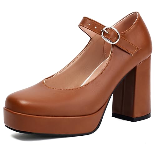 MJIASIAWA Knöchelriemchen Mary Jane Chunky Höhe Ferse Damen Brogue Square Toe Damen Mode T Bar Plateau Schuhe Braun Gr 37 EU/38 Asiatisch von MJIASIAWA