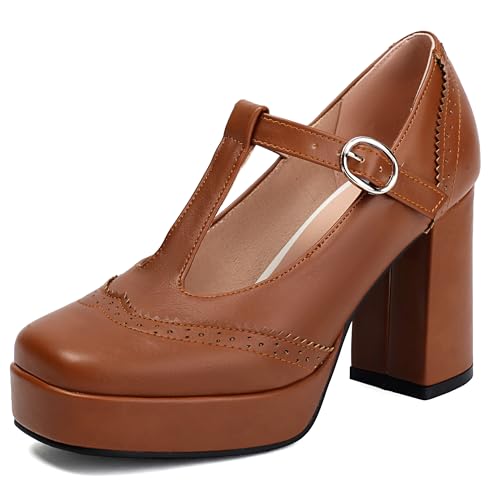 MJIASIAWA Knöchelriemchen Mary Jane Chunky Höhe Ferse Damen Brogue Square Toe Damen Mode T Bar Plateau Schuhe Braun Gr 37 EU/38 Asiatisch von MJIASIAWA