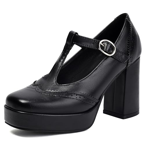 MJIASIAWA Knöchelriemchen Mary Jane Chunky Höhe Ferse Damen Brogue Square Toe Damen Mode T Bar Plateau Schuhe Schwarz Gr 36 EU von MJIASIAWA