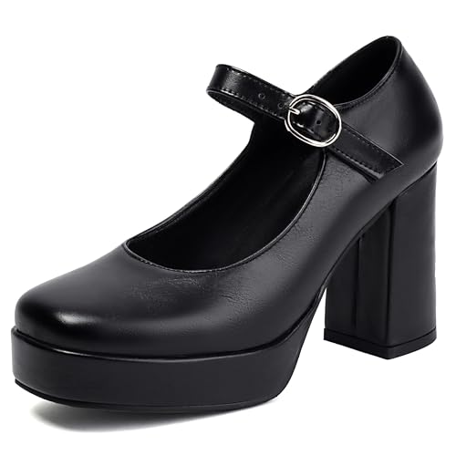 MJIASIAWA Knöchelriemchen Mary Jane Chunky Höhe Ferse Damen Brogue Square Toe Damen Mode T Bar Plateau Schuhe Schwarz Gr 37 EU/38 Asiatisch von MJIASIAWA