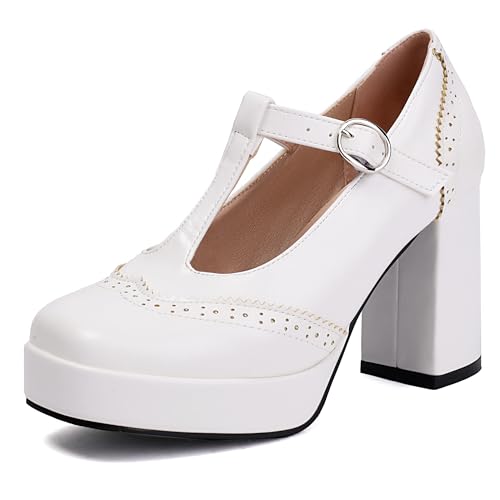 MJIASIAWA Knöchelriemchen Mary Jane Chunky Höhe Ferse Damen Brogue Square Toe Damen Mode T Bar Plateau Schuhe Weiß Gr 35 EU von MJIASIAWA