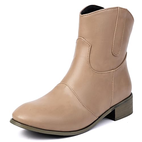 MJIASIAWA Komfort Chelsea Damen Runde Zehen Stiefeletten Mädchen Winter Draußen Ohne Verschluss Bogen Stiefeletten Blockabsatz Aprikose Gr 34 EU von MJIASIAWA