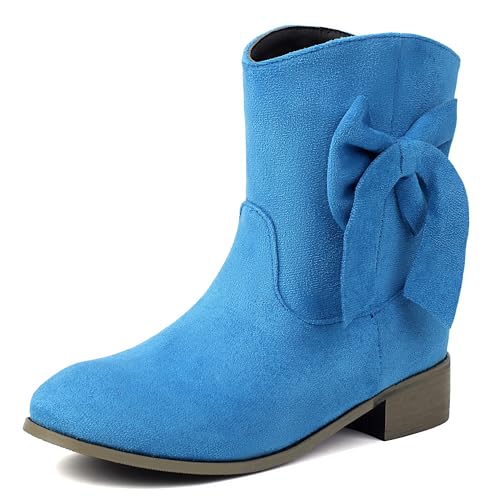 MJIASIAWA Komfort Chelsea Damen Runde Zehen Stiefeletten Mädchen Winter Draußen Ohne Verschluss Bogen Stiefeletten Blockabsatz Blau Gr 37 EU/38 Asiatisch von MJIASIAWA