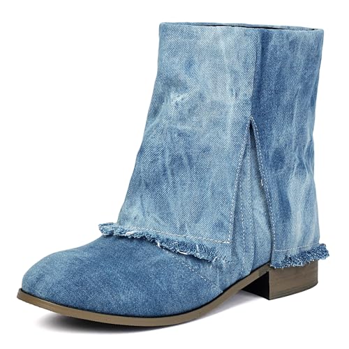 MJIASIAWA Komfort Chelsea Damen Runde Zehen Stiefeletten Mädchen Winter Draußen Ohne Verschluss Bogen Stiefeletten Blockabsatz Blau Gr 40.5 EU/42 Asiatisch von MJIASIAWA