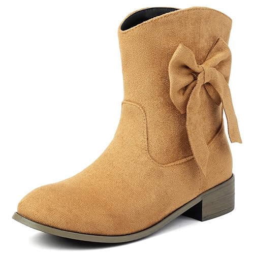 MJIASIAWA Komfort Chelsea Damen Runde Zehen Stiefeletten Mädchen Winter Draußen Ohne Verschluss Bogen Stiefeletten Blockabsatz Braun Gr 46 EU/48 Asiatisch von MJIASIAWA