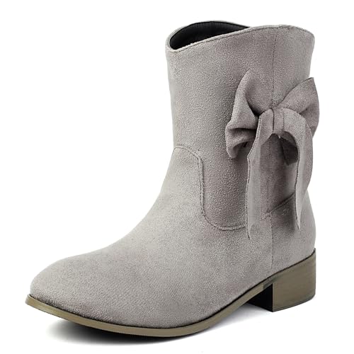 MJIASIAWA Komfort Chelsea Damen Runde Zehen Stiefeletten Mädchen Winter Draußen Ohne Verschluss Bogen Stiefeletten Blockabsatz Grau Gr 38 EU/39 Asiatisch von MJIASIAWA