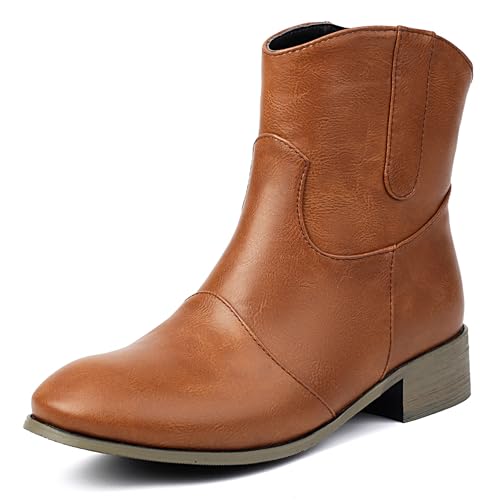 MJIASIAWA Komfort Chelsea Damen Runde Zehen Stiefeletten Mädchen Winter Draußen Ohne Verschluss Bogen Stiefeletten Blockabsatz Light-Braun Gr 44 EU/46 Asiatisch von MJIASIAWA