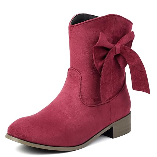 MJIASIAWA Komfort Chelsea Damen Runde Zehen Stiefeletten Mädchen Winter Draußen Ohne Verschluss Bogen Stiefeletten Blockabsatz Rotwein Gr 41 EU/43 Asiatisch von MJIASIAWA