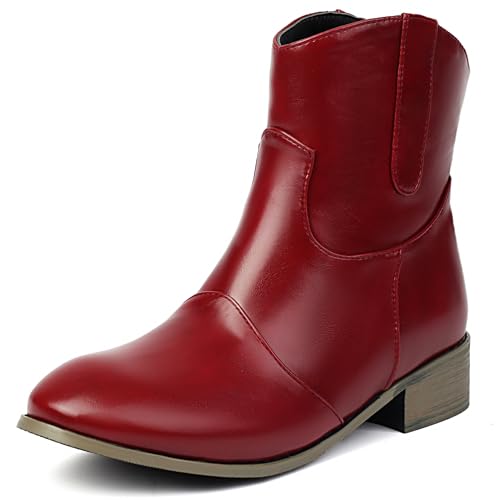 MJIASIAWA Komfort Chelsea Damen Runde Zehen Stiefeletten Mädchen Winter Draußen Ohne Verschluss Bogen Stiefeletten Blockabsatz Rotwein Gr 45 EU/47 Asiatisch von MJIASIAWA