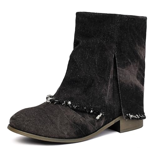 MJIASIAWA Komfort Chelsea Damen Runde Zehen Stiefeletten Mädchen Winter Draußen Ohne Verschluss Bogen Stiefeletten Blockabsatz Schwarz Gr 37 EU/38 Asiatisch von MJIASIAWA