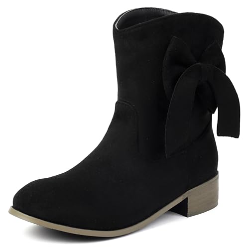 MJIASIAWA Komfort Chelsea Damen Runde Zehen Stiefeletten Mädchen Winter Draußen Ohne Verschluss Bogen Stiefeletten Blockabsatz Schwarz Gr 45 EU/47 Asiatisch von MJIASIAWA