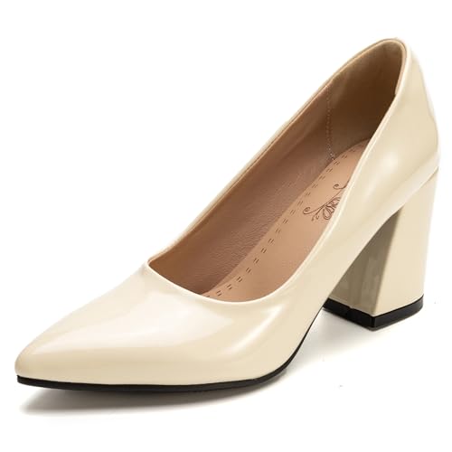 MJIASIAWA Lack Block High Schuhe Pointed Toe Damen Schuhe Hochzeit Formal Chunky Pumps Ohne Verschluss Party Heel Beige Gr 43 EU/45 Asiatisch von MJIASIAWA