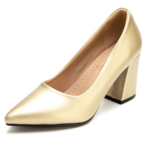 MJIASIAWA Lack Block High Schuhe Pointed Toe Damen Schuhe Hochzeit Formal Chunky Pumps Ohne Verschluss Party Heel Gold Gr 34 EU von MJIASIAWA