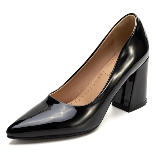 MJIASIAWA Lack Block High Schuhe Pointed Toe Damen Schuhe Hochzeit Formal Chunky Pumps Ohne Verschluss Party Heel Schwarz Gr 43 EU/45 Asiatisch von MJIASIAWA