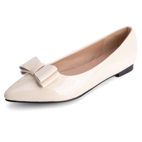 MJIASIAWA Lack Flach Damen Pointed Toe Arbeit Walking Dolly Schuhe Ohne Verschluss Driving Ballerina Ballet Bogen Flach Schuhe Leisure Beige Gr 36.5 EU/37 Asiatisch von MJIASIAWA