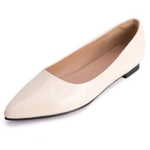 MJIASIAWA Lack Flach Damen Pointed Toe Arbeit Walking Dolly Schuhe Ohne Verschluss Driving Ballerina Ballet Bogen Flach Schuhe Leisure Beige Gr 49 EU/51 Asiatisch von MJIASIAWA