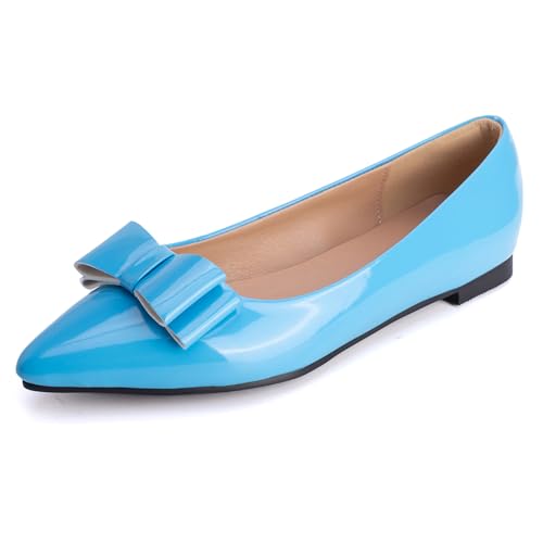 MJIASIAWA Lack Flach Damen Pointed Toe Arbeit Walking Dolly Schuhe Ohne Verschluss Driving Ballerina Ballet Bogen Flach Schuhe Leisure Blau Gr 33 EU von MJIASIAWA