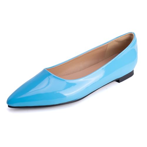 MJIASIAWA Lack Flach Damen Pointed Toe Arbeit Walking Dolly Schuhe Ohne Verschluss Driving Ballerina Ballet Bogen Flach Schuhe Leisure Blau Gr 41 EU/43 Asiatisch von MJIASIAWA