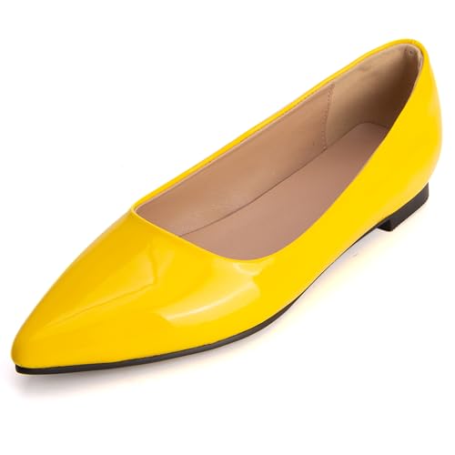 MJIASIAWA Lack Flach Damen Pointed Toe Arbeit Walking Dolly Schuhe Ohne Verschluss Driving Ballerina Ballet Bogen Flach Schuhe Leisure Gelb Gr 41 EU/43 Asiatisch von MJIASIAWA